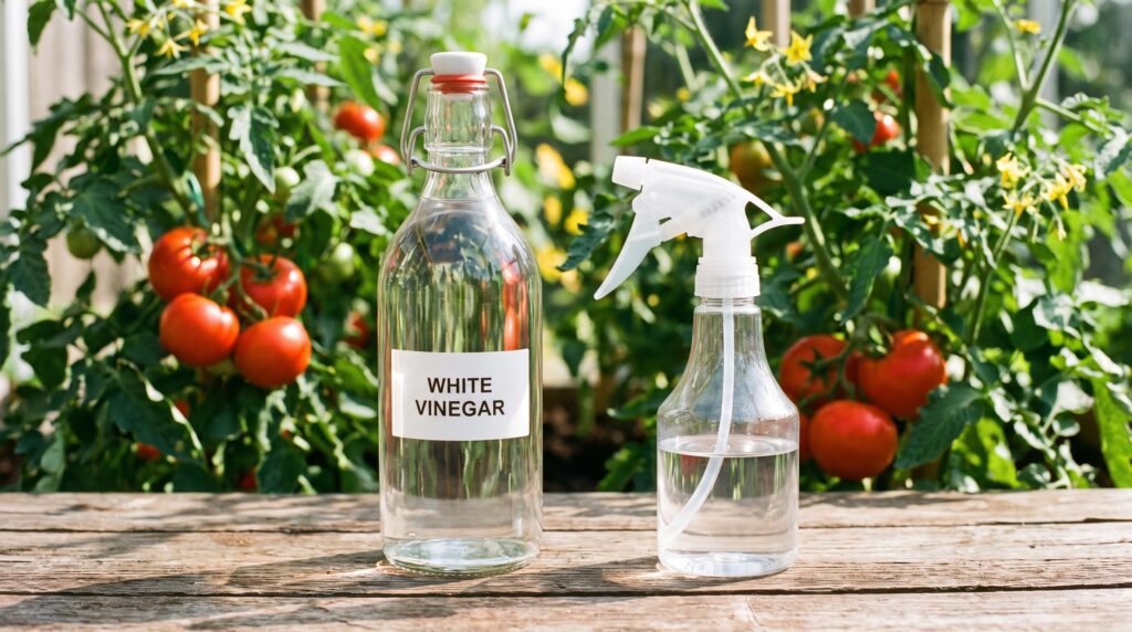  Bottle of white vinegar next to a garden spray bottle, tomato
plants in the background, bright natural light — clean and simple composition