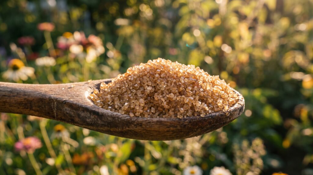 Close up of brown sugar granules on a wooden spoon against a
garden background — warm natural lighting