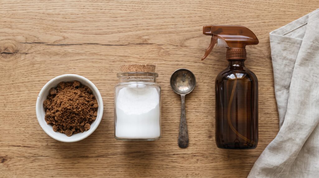 flat lay on wooden table on a brown sugar, baking soda, spoon and bottle of water