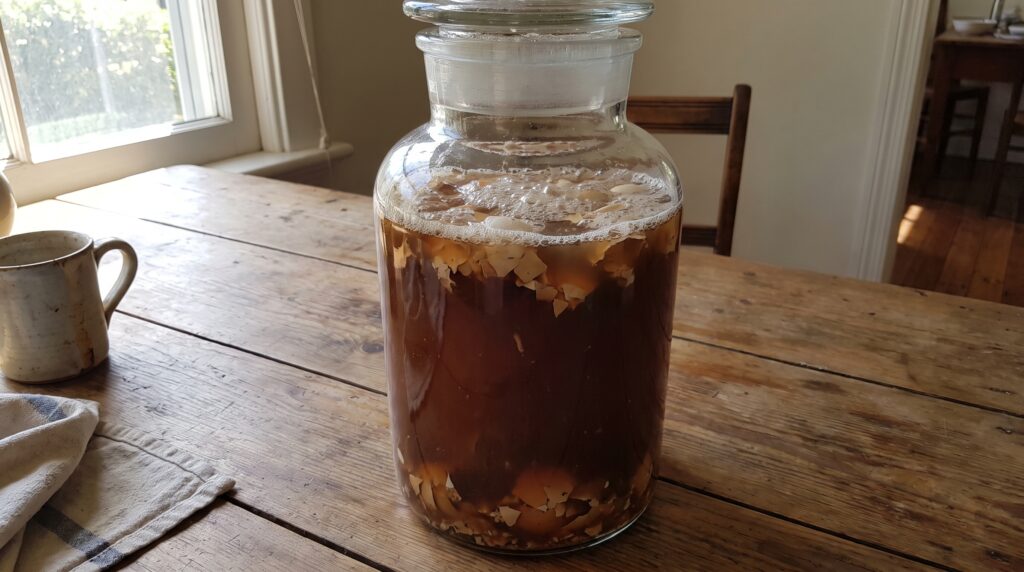  Large glass jar containing a dark fermenting liquid — eggshell
fragments visible through the glass, slightly bubbly surface, sitting on a wooden table
in natural light