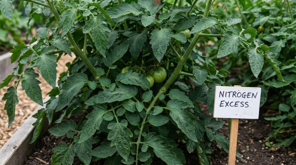 Lush dark green tomato plant with very few fruits — example of
nitrogen excess
