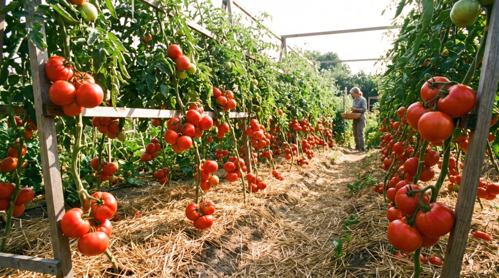 lush tomato garden with heavy clusters of tomato in a sunny area, staked tomatoes.