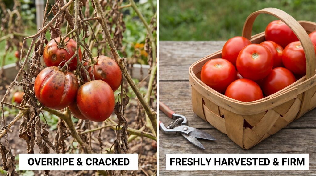 Overripe cracked tomatoes still on vine vs freshly harvested firm red tomatoes in a basket