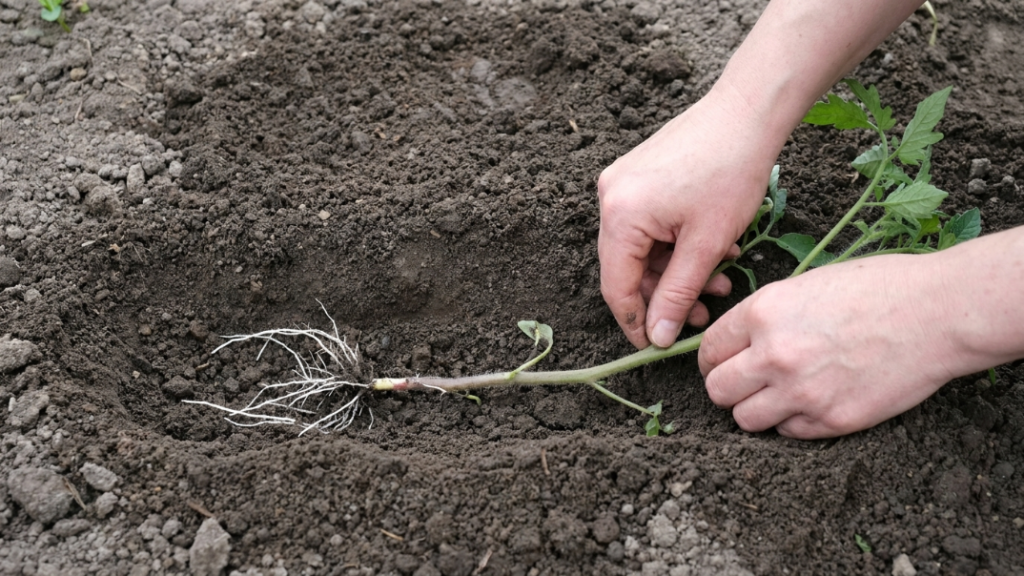 transplanting tomato seedlings in lay them horizontally in a shallow trench instead of planting them upright to produce more roots