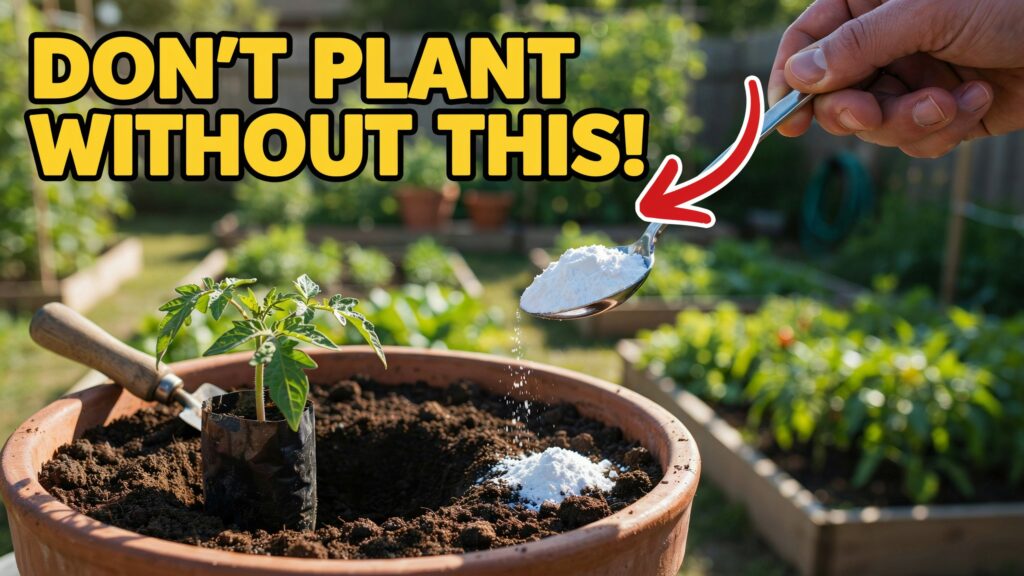 a tomato seedling planted in a bot, a hand holding a white powder in a spoon over the seeding, indicating fertilizer application before transplanting.