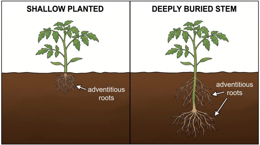 Ai diagram comparing side by side  of tomato shallow planter vs deeply buried stem.