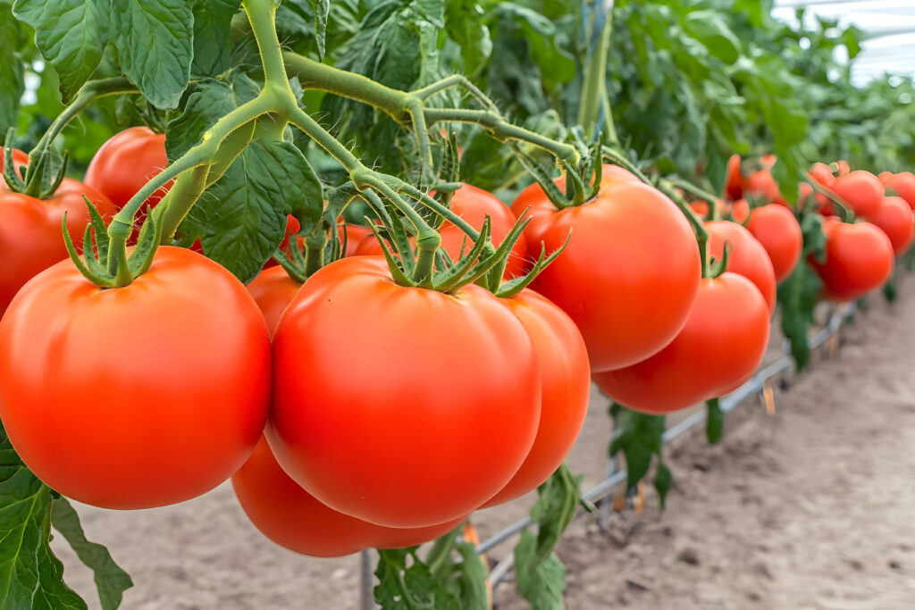 ripe red tomatoes growing on the vine in a greenhouse