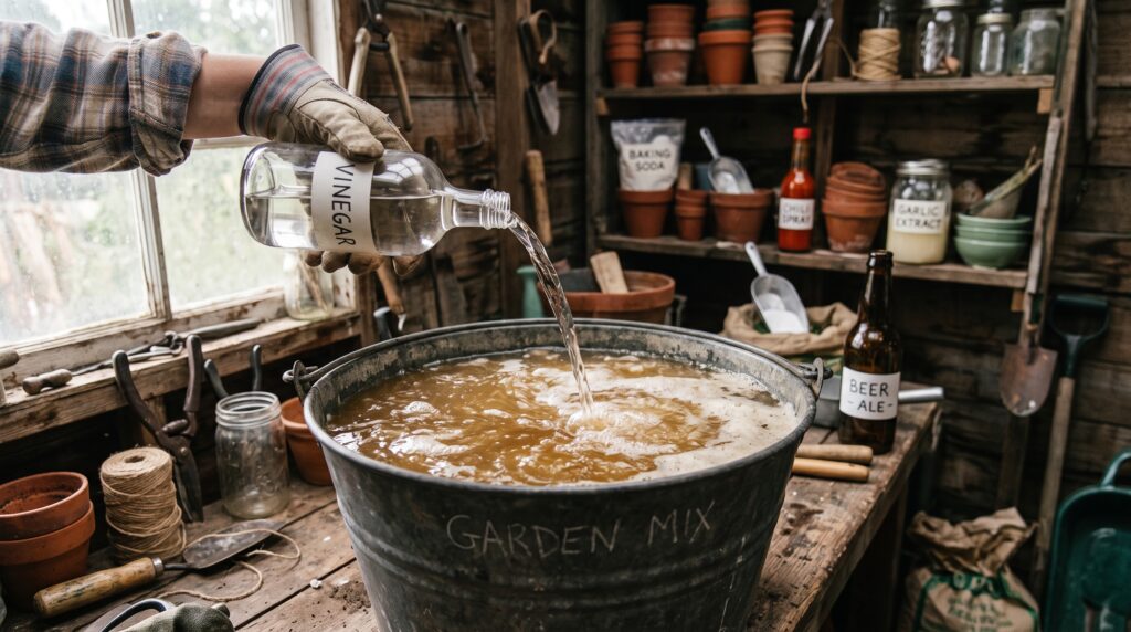 image of a large bucket with all combination-formula ingredients being poured in one by one vinegar, baking soda, garlic liquid, chili liquid, beer rustic garden shed background, natural lighting.