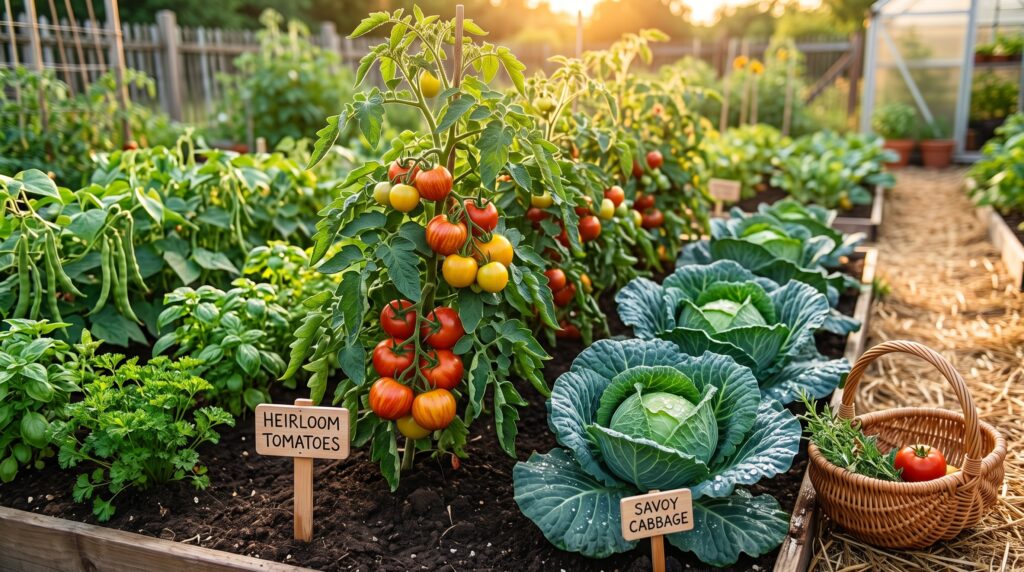 Photo-realistic image of a thriving, healthy home vegetable garden in late afternoon golden light, lush green leaves free of pest damage, tomatoes and cabbages growing well, inspirational gardening photography style.