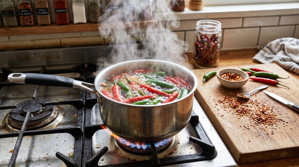 image of red and green fresh chili peppers being boiled in a pot of water on a stovetop, steam rising, with dried chili flakes scattered nearby on a countertop.