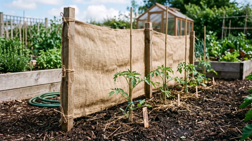 Simple DIY windbreak made from stakes and burlap protecting young tomato plants