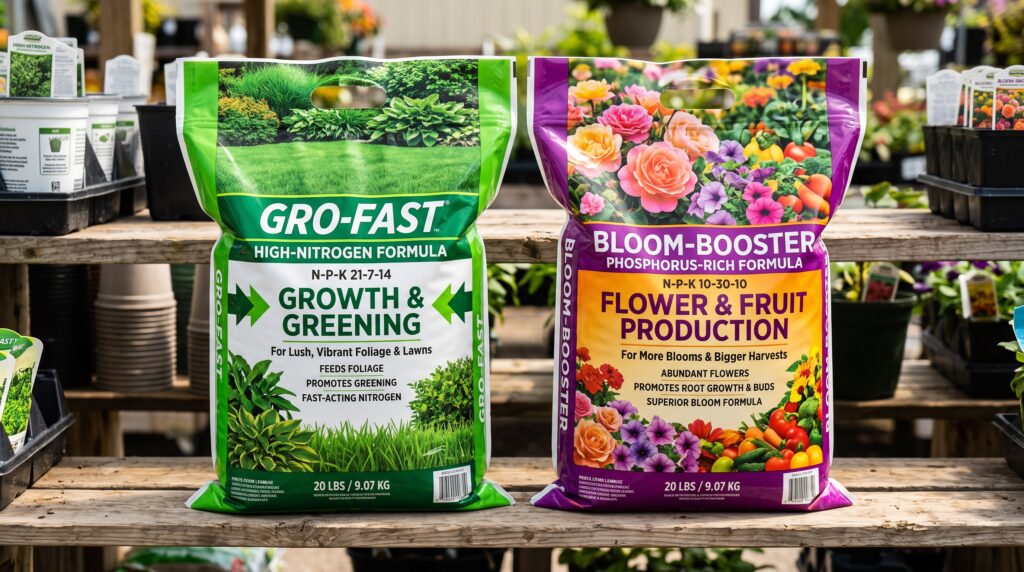 Comparison of two fertilizer bags high-nitrogen vs. bloom-booster phosphorus-rich formula