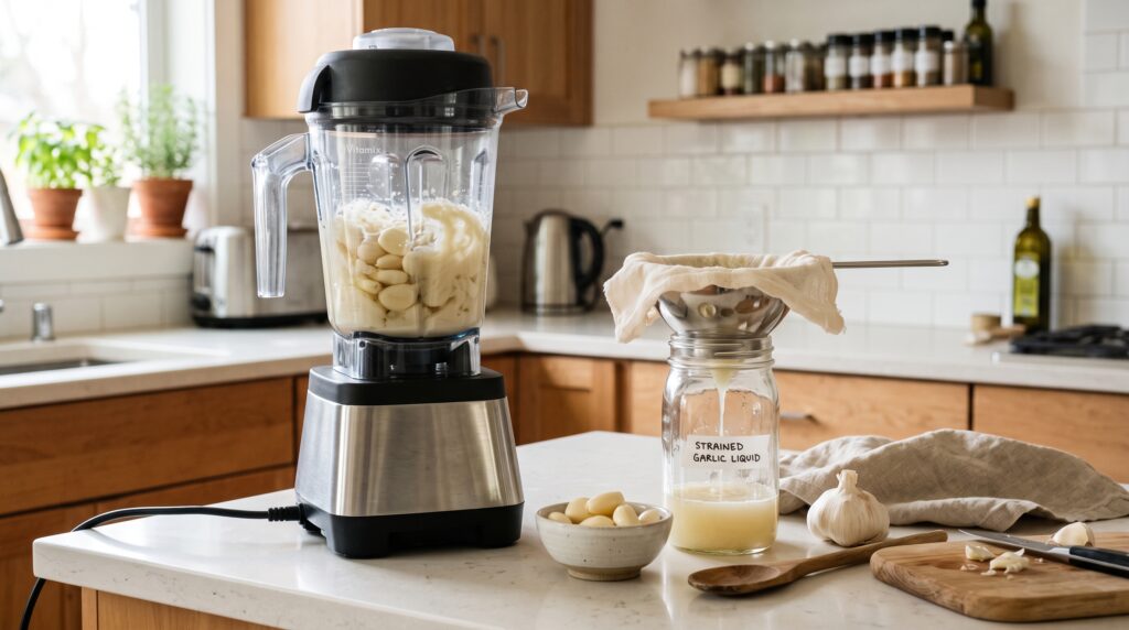 image of fresh garlic cloves being blended in a blender next to a cloth strainer and glass jar of strained garlic liquid, bright kitchen counter setting, natural light.