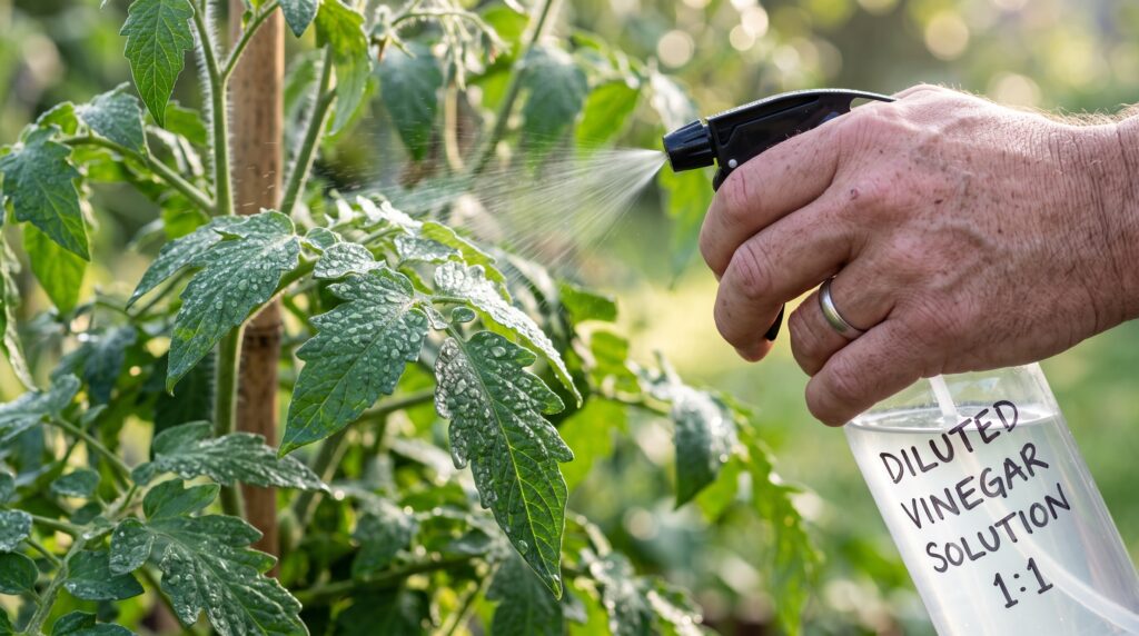 image of a hand spraying diluted white vinegar solution from a clear spray bottle onto tomato plant leaves, morning light, dew visible on leaves, macro detail. 