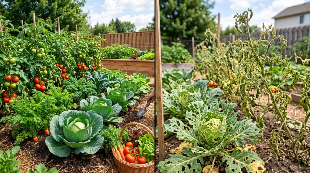 healthy vs pest damaged garden