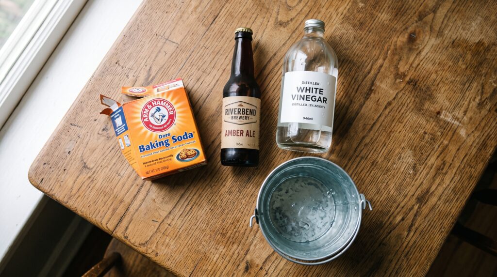 overhead shot of ingredients laid out on a wooden table - a box of baking soda, a bottle of beer, a bottle of white vinegar, and a bucket of water  styled like a natural home-remedy recipe photo.