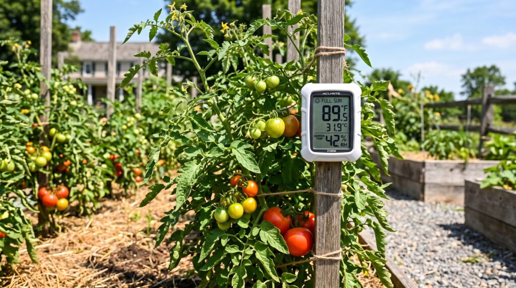 Thermometer next to a tomato plant in full sun, illustrating temperature monitoring