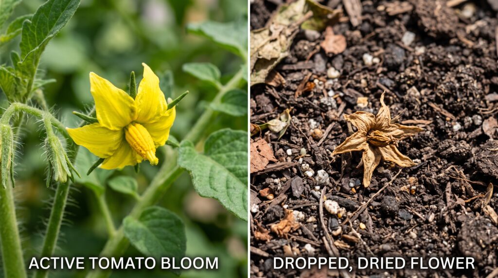 Side-by-side comparison photo a tomato flower with pollen clearly visible vs. a dried, dropped flower on the soil]