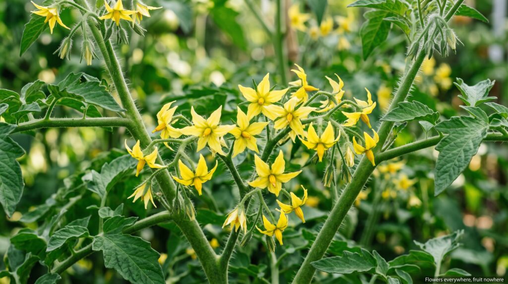 Close-up of healthy yellow tomato flowers on a green vine, with a small caption overlay reading "Flowers everywhere, fruit nowhere