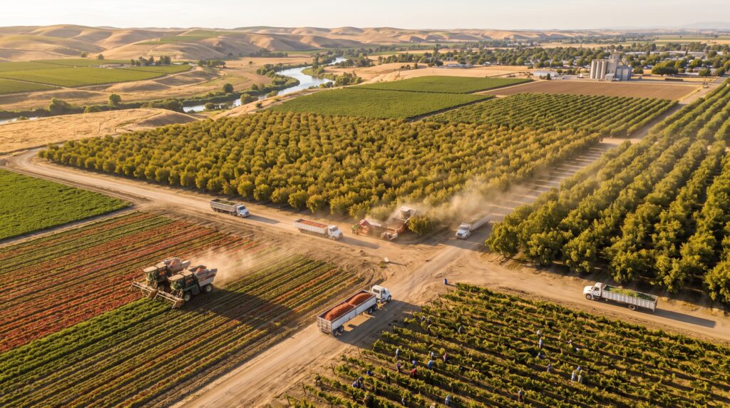 How California Farmers Harvest Millions of Tons of Fruits and Vegetables: The Complete 2026 Guide Aerial view of an orchard or farmland at harvest time