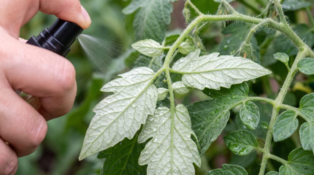 3 Natural Home Remedies That Fix Pests, Boost Growth, and Double Your Tomato Harvest Close-up of spray application on tomato leaf undersides