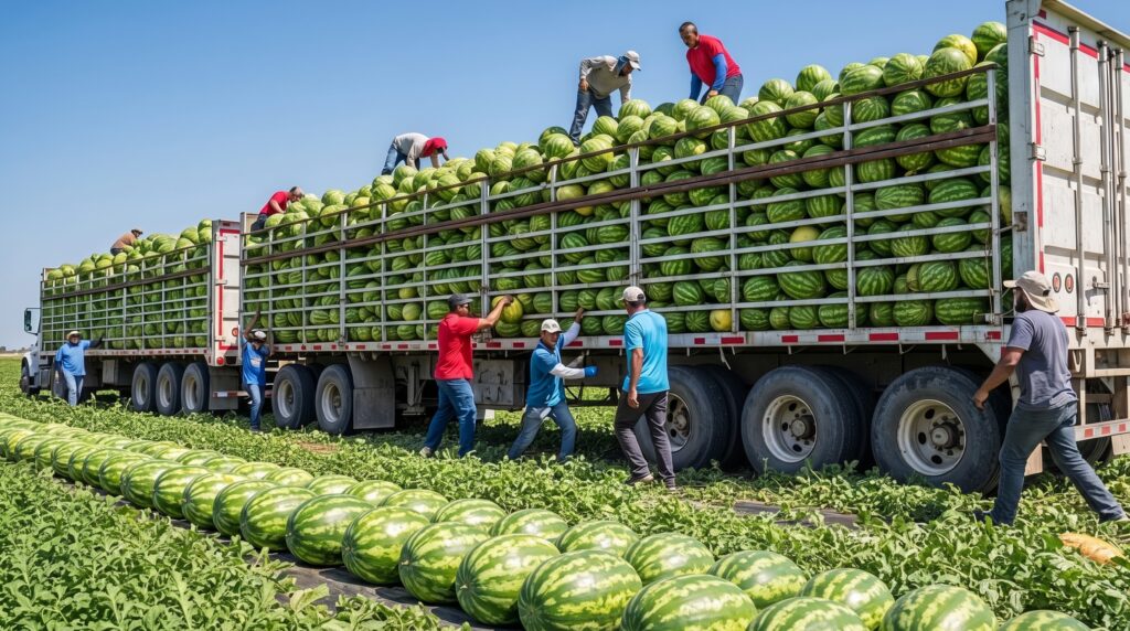 farmers harvesting and loading watermelon