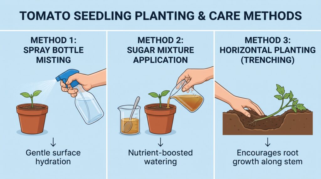 3 Natural Home Remedies That Fix Pests, Boost Growth, and Double Your Tomato Harvest Overview graphic of the three methods side by side - spray bottle, sugar mixture, and a tomato seedling being laid horizontally