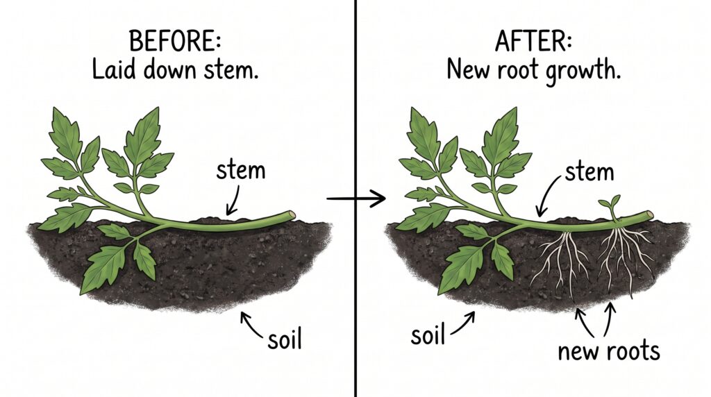 3 Natural Home Remedies That Fix Pests, Boost Growth, and Double Your Tomato Harvest Before and after diagram of a laid down tomato stem with new root growth
