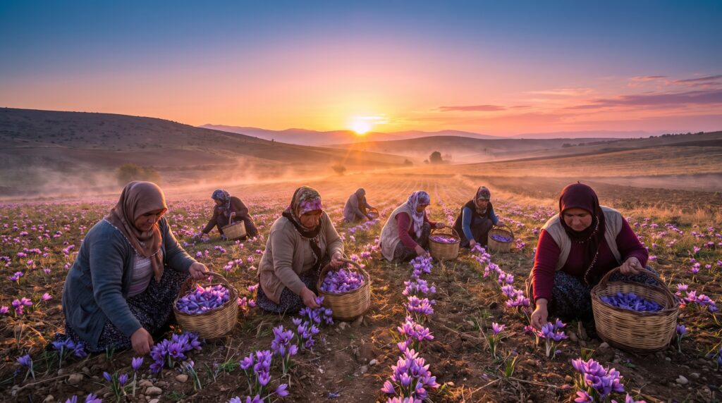 19 Record-Breaking Harvests From the Middle East (2026 Regional Harvest Guide) Worker hand-picking saffron flowers at dawn