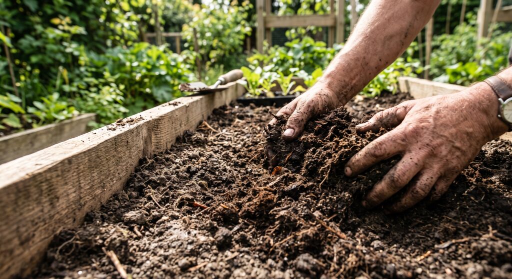 How to Start a Vegetable Garden for Beginners (Step-by-Step Guide) hands mixing compost into raised bed soil