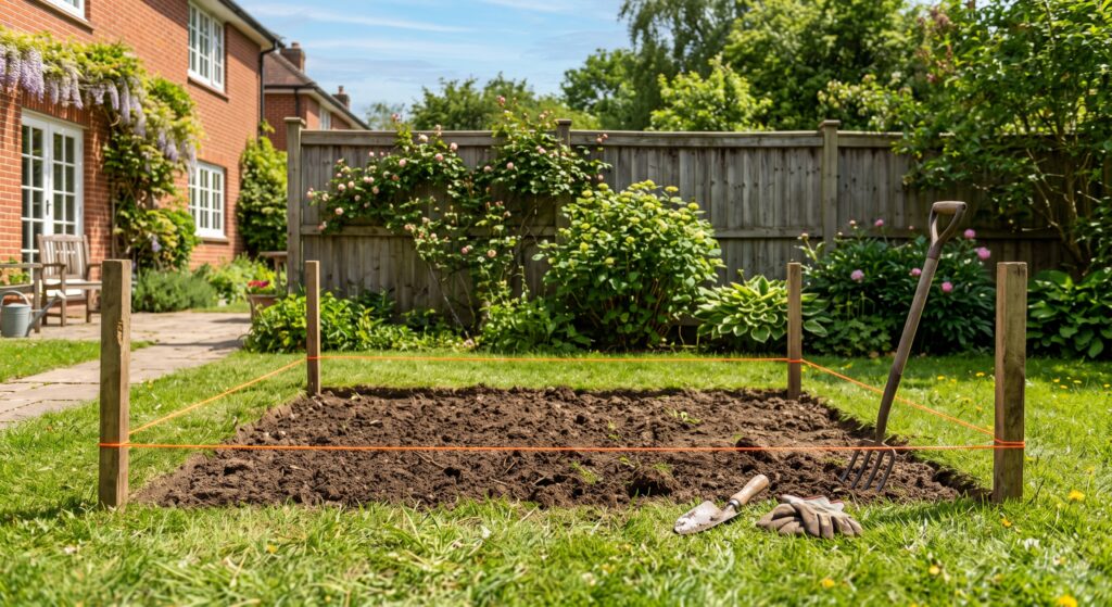 How to Start a Vegetable Garden for Beginners (Step-by-Step Guide) sunny backyard spot marked out for a garden bed