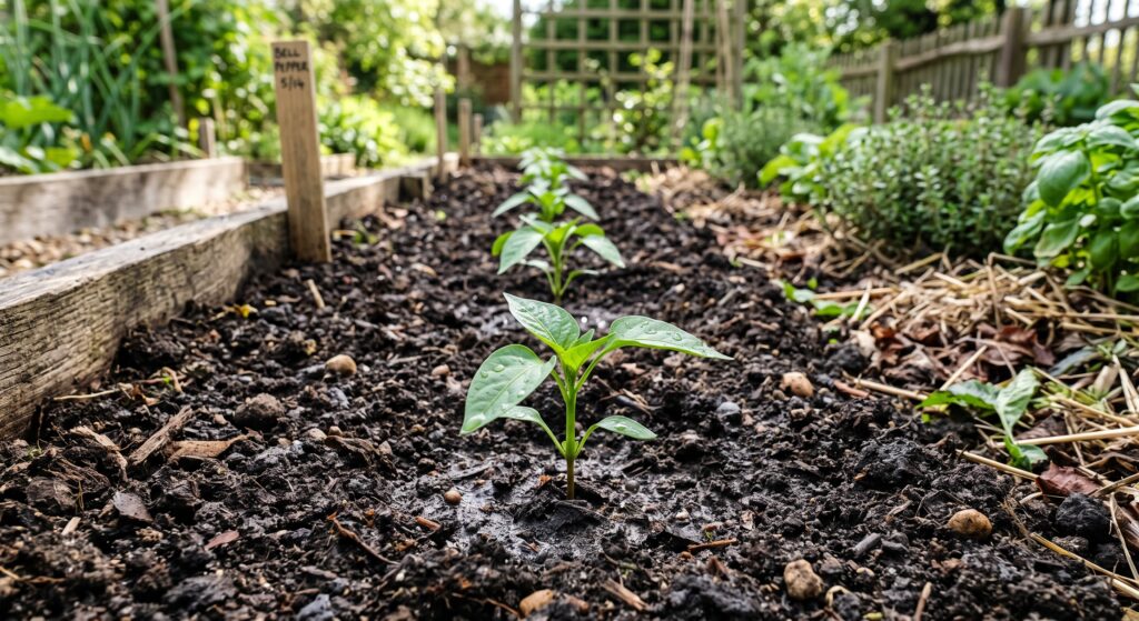 How to Start a Vegetable Garden for Beginners (Step-by-Step Guide) young seedlings freshly planted in a garden row