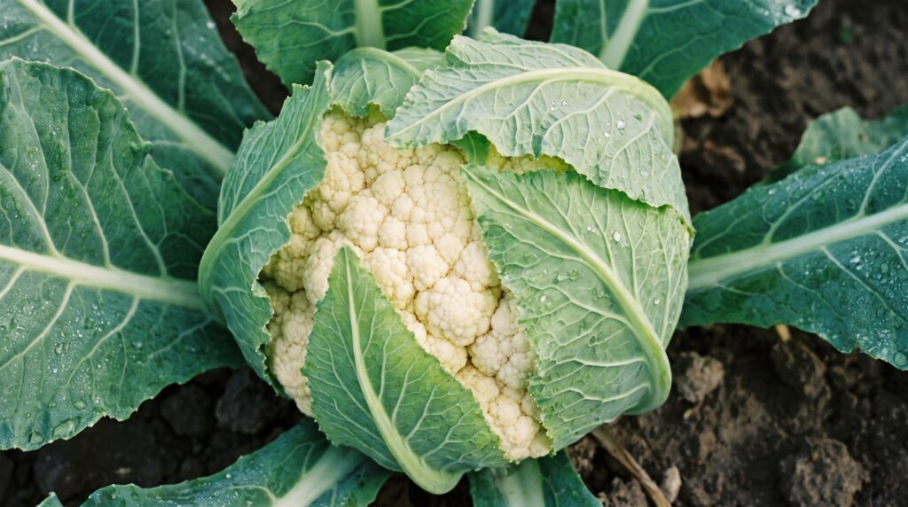 10 Vegetables You Should Be Planting in September (Full Variety Guide) Close-up of a self-blanching Twister cauliflower head still on the plant