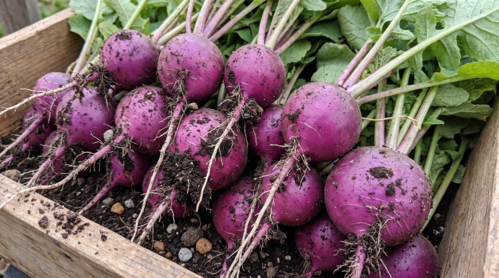 10 Vegetables You Should Be Planting in September (Full Variety Guide) Close-up of harvested Purple Plum radishes with soil still on the roots