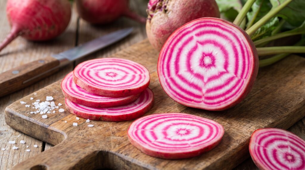 10 Vegetables You Should Be Planting in September (Full Variety Guide) Sliced Chioggia beet showing the candy-cane striped interior