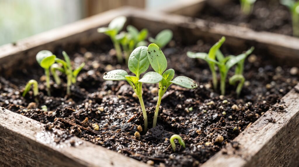  close-up of spinach seedlings emerging from soil
