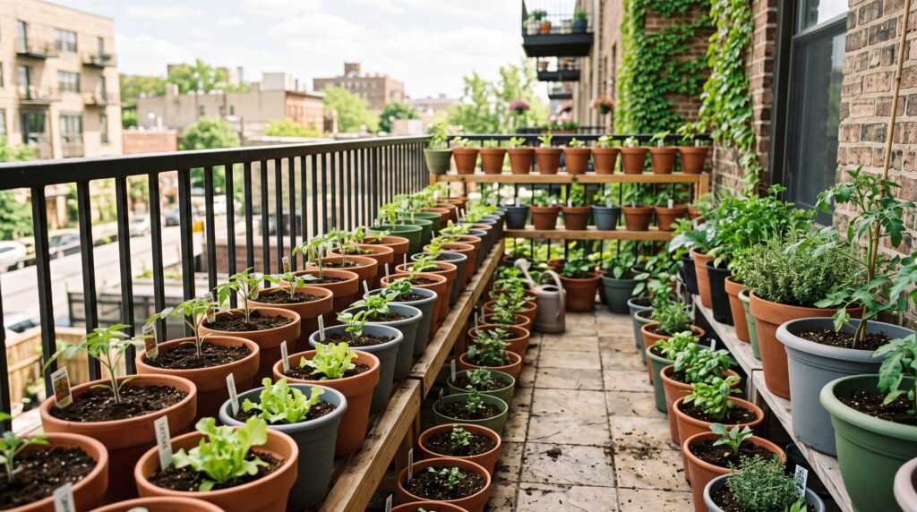  rows of container pots on a balcony or patio with young vegetable seedlings