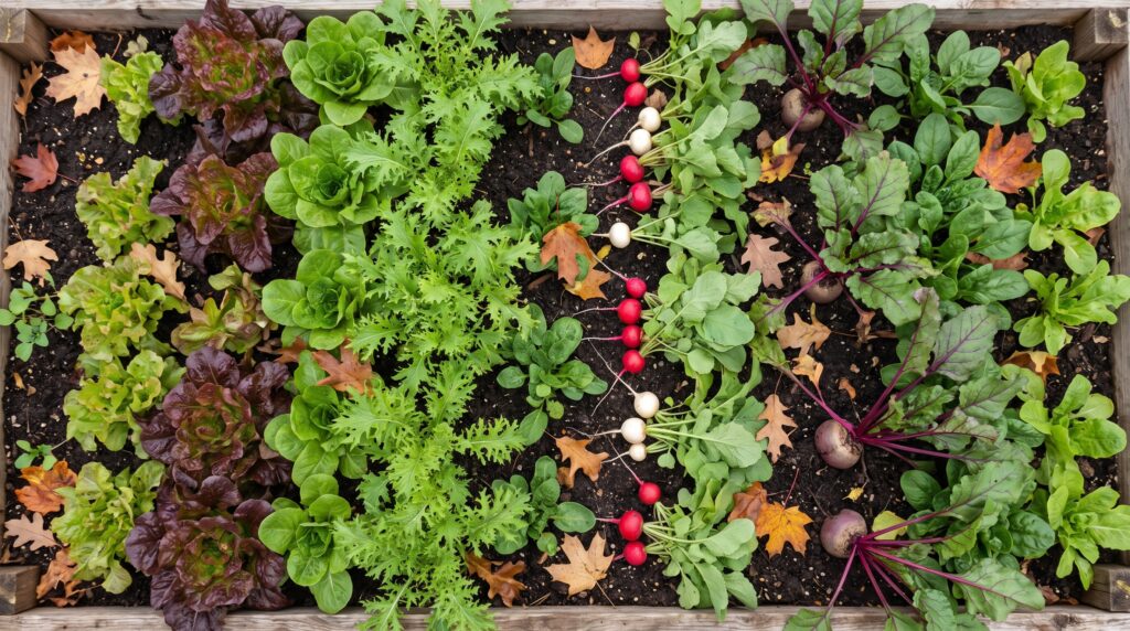 Overhead shot of a fall vegetable garden bed with mixed greens, radishes, and beets growing together]