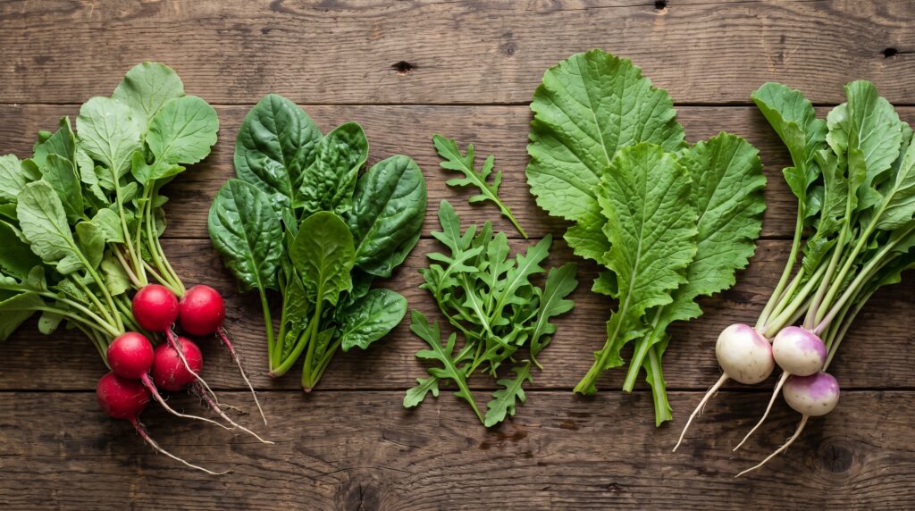 flat-lay photo of all five vegetables freshly harvested on a wooden table