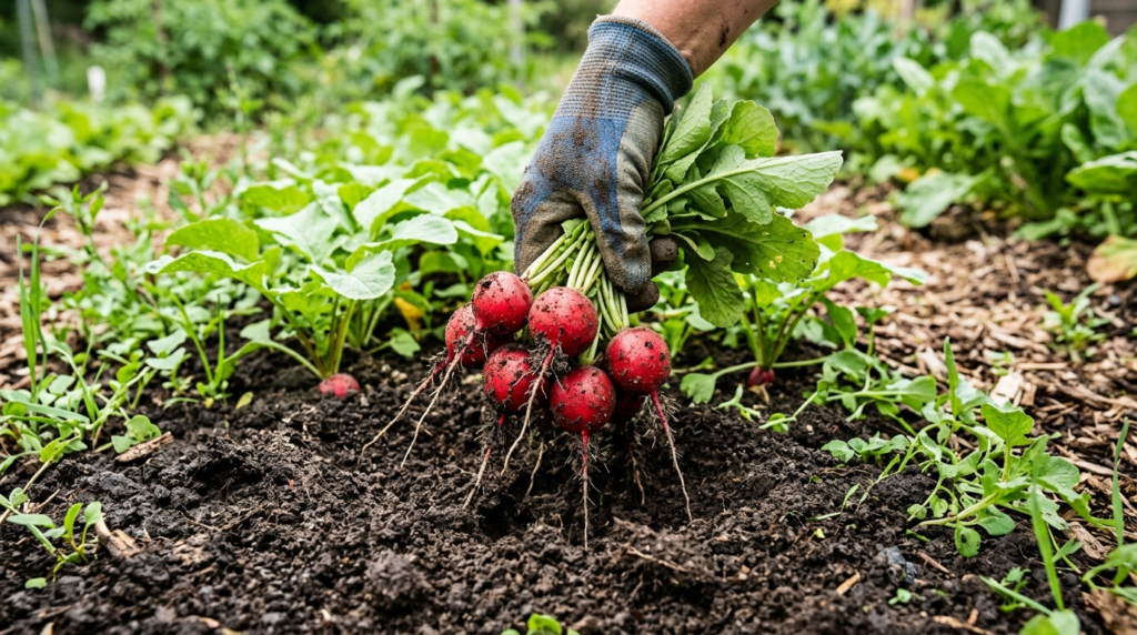 hand pulling a bunch of red radishes from the soil