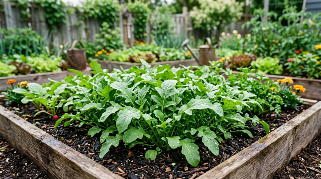 fresh arugula leaves in a garden bed