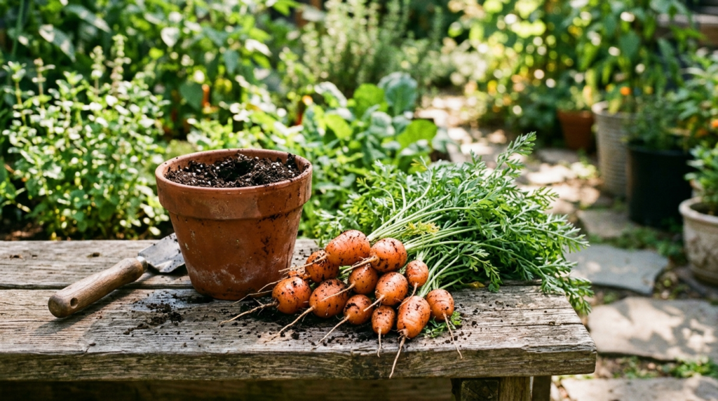 Thumbelina carrots harvested next to a small container pot