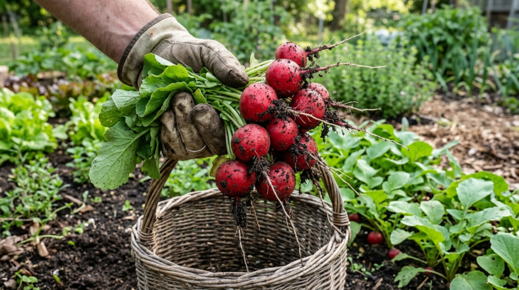  Cherry Belle radishes freshly pulled with soil still on them