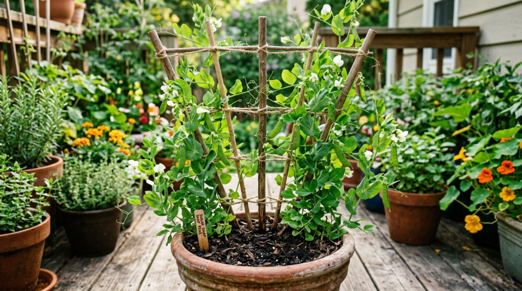 pea vines climbing a small trellis in a container