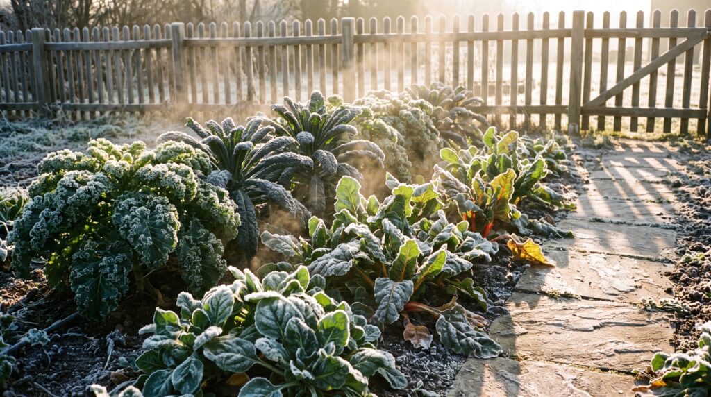 frost-covered garden bed with rows of leafy greens in early morning light