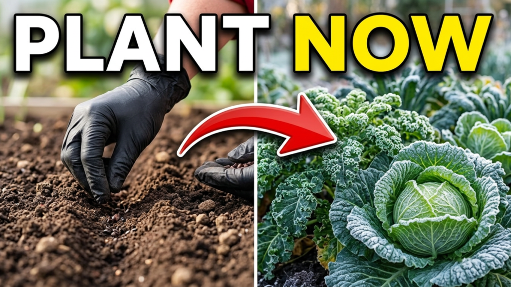 10 Vegetables You Can Plant in Late October for a Fresh Winter Harvest A split-screen thumbnail showing garden soil being planted on the left and a thriving, frost-covered winter garden on the right. Large, bold yellow and white text reads "PLANT NOW" above a bright red 3D arrow pointing from the bare soil toward the lush green cabbage and kale.