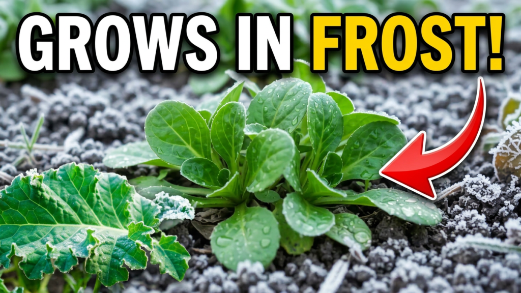 5 Fast Winter Vegetables You Can Harvest in Under 40 Days (Beds and Containers) Frost-covered mâche and kale leaves growing in garden soil with a red arrow pointing to the frosted plant, text overlay reading "Grows in Frost"