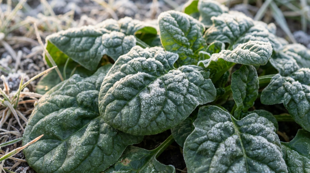  dark green crinkled spinach leaves with a light dusting of frost
