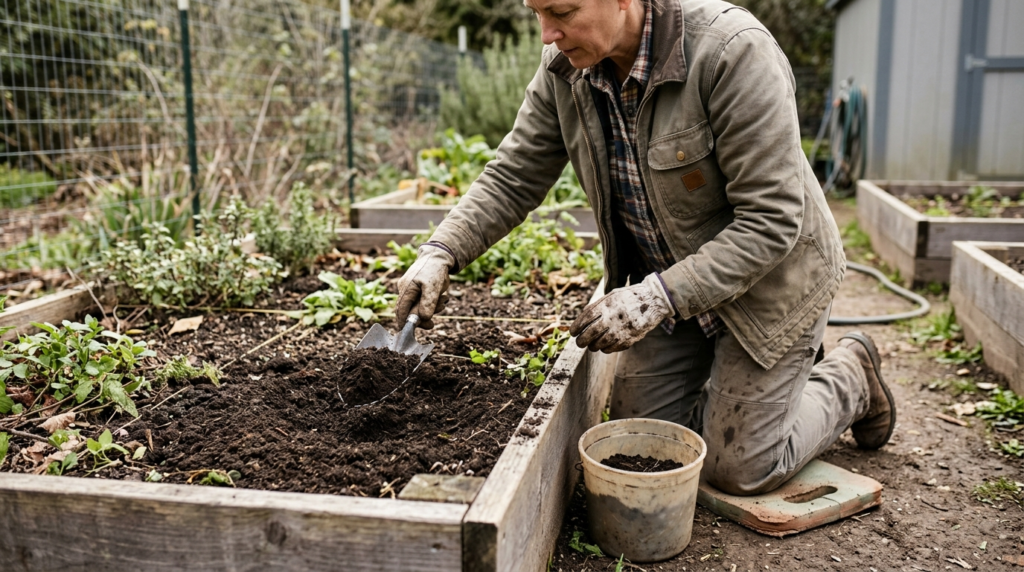 gardener taking a soil sample from a raised bed with a trowel and bucket