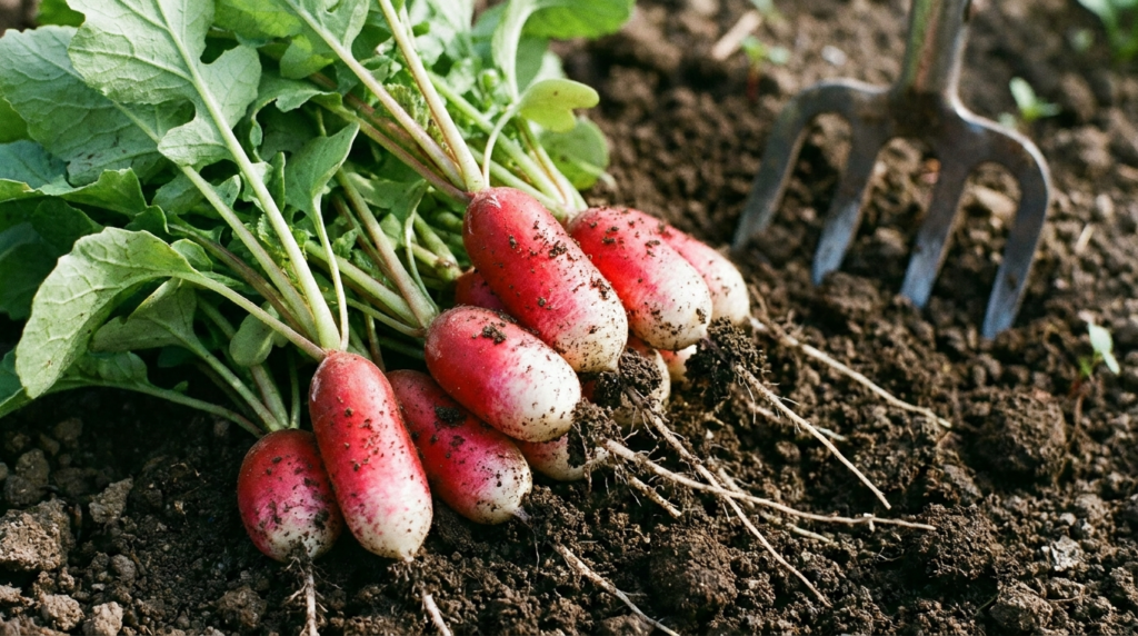 French Breakfast radishes with red and white roots freshly pulled from soil